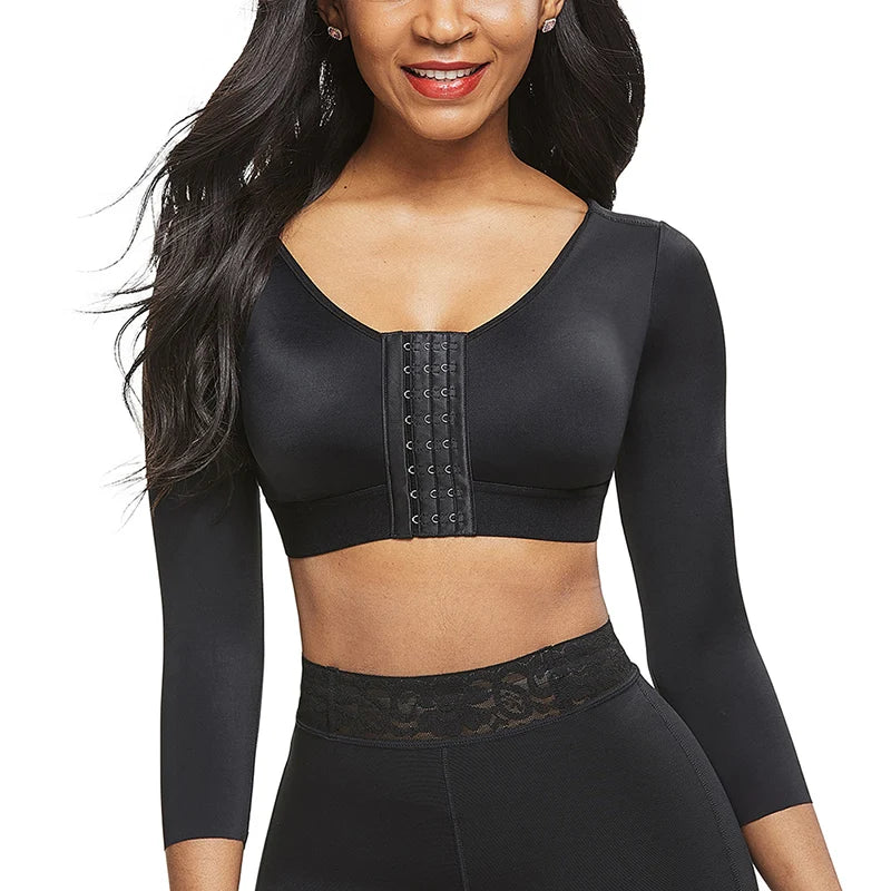 Black women's arm shaper long sleeves top with front hook closure fit for smooth slimming