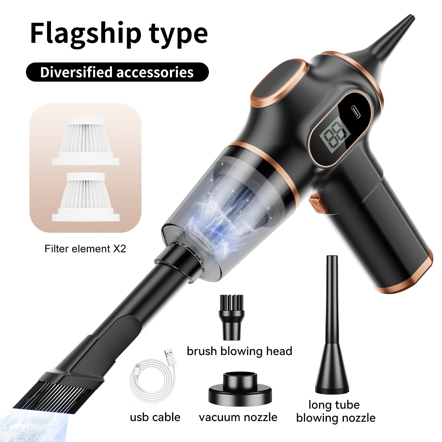 DFShop wireless car vacuum cleaner with digital display and diversified accessories including filters USB cable and nozzles