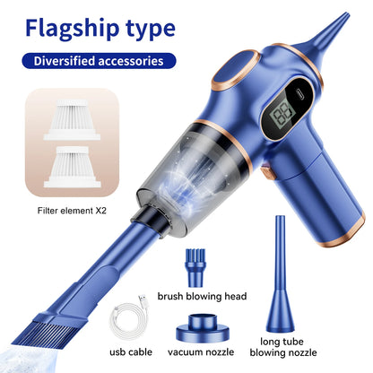 DFShop wireless car vacuum cleaner in blue with digital display and multiple attachments including filters USB cable and nozzles