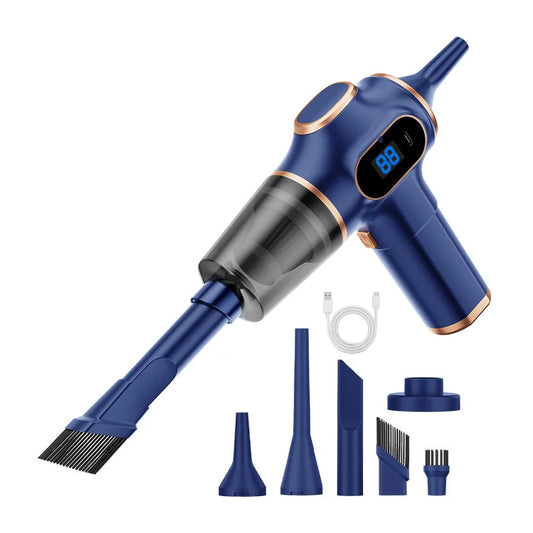 Blue wireless car vacuum cleaner with digital display and multiple attachments for detailed cleaning