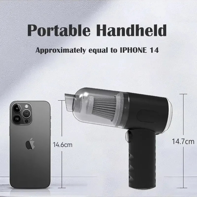 DFShop portable handheld wireless car vacuum cleaner shown next to iPhone 14 for size comparison