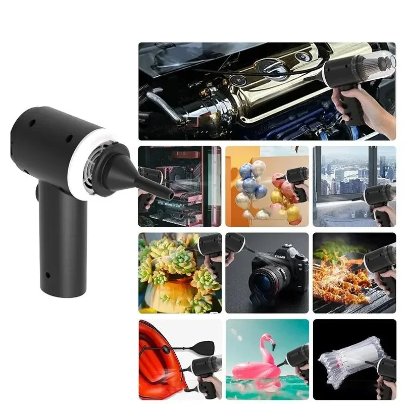 DFShop wireless car vacuum cleaner shown with various uses including cleaning car engine, camera, grill, plants, and more