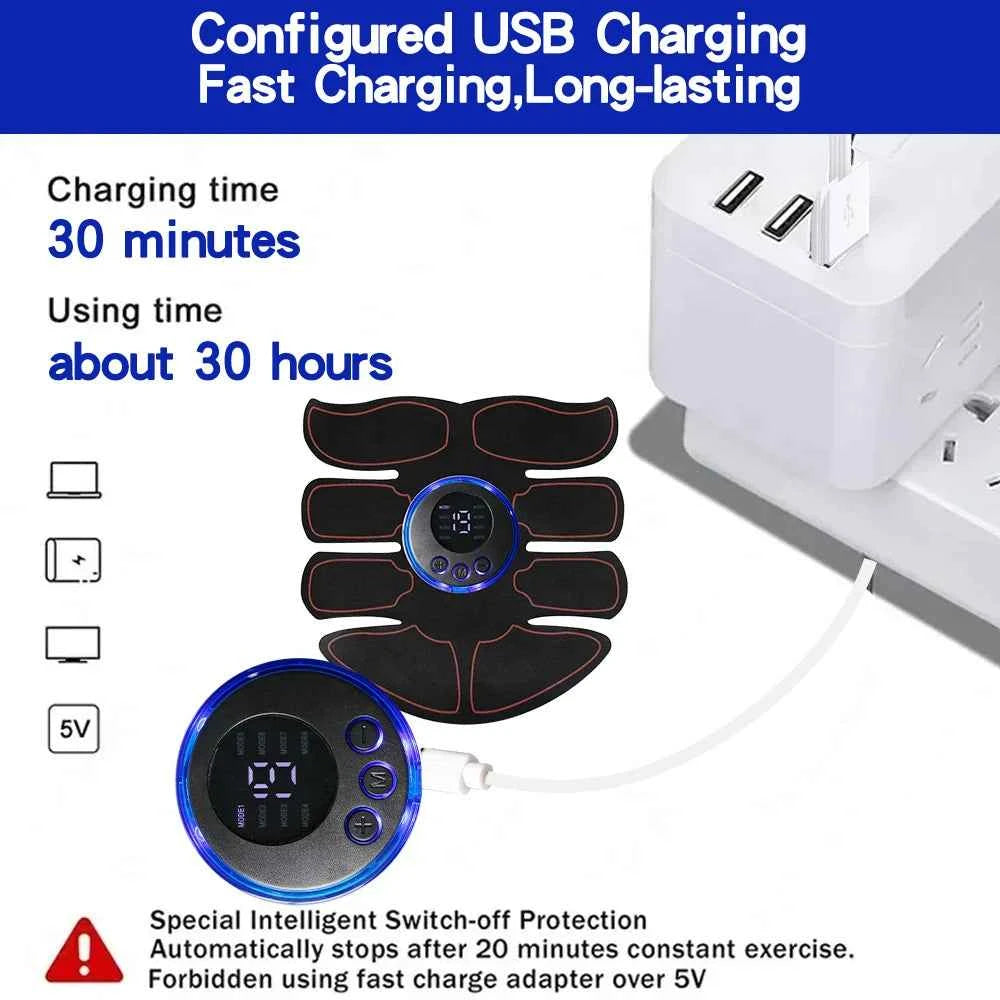 Wireless EMS muscle stimulator with USB charging plugged into a power strip showing fast charging features