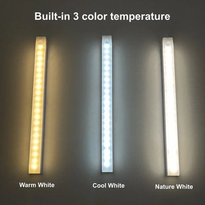 Wireless LED motion sensor night light showcasing built-in 3 color temperature modes warm white cool white and nature white