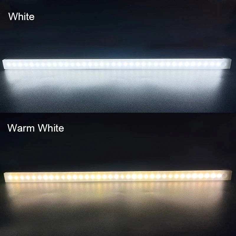 Wireless LED motion sensor night light showing white and warm white lighting options