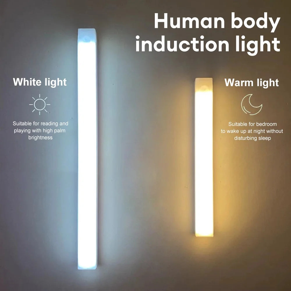 Wireless LED motion sensor night light showing white light for reading and warm light for bedroom use