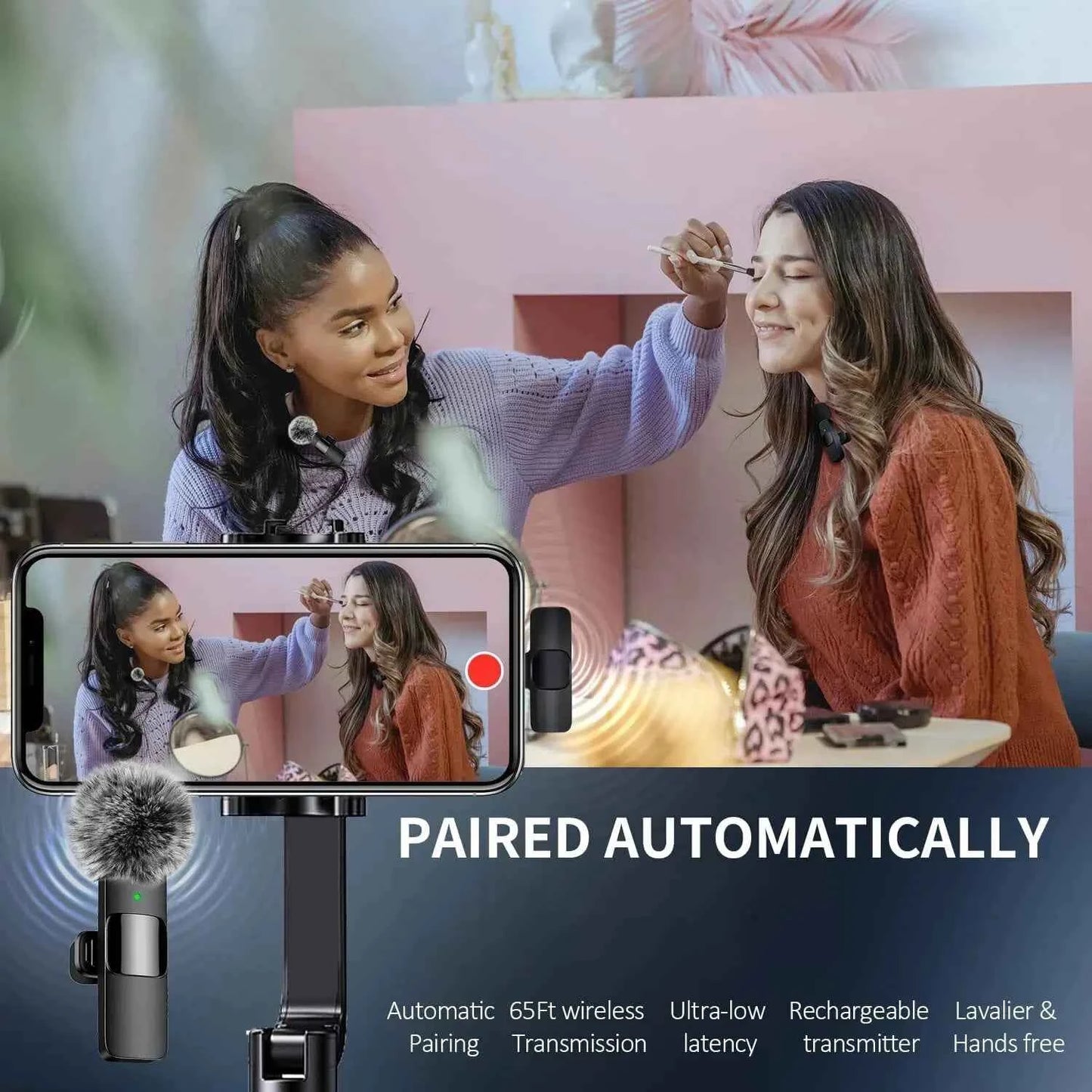 Wireless mic mount with automatic pairing shown in a makeup tutorial recording setup
