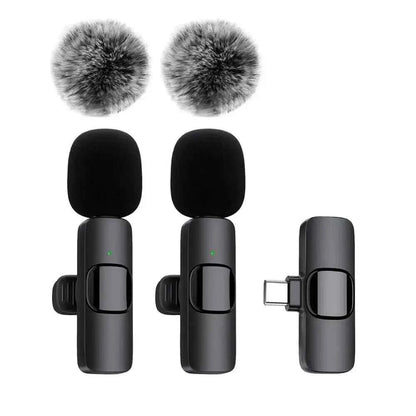 DFShop wireless mic mount set with two black microphones, windshields, and USB-C receiver