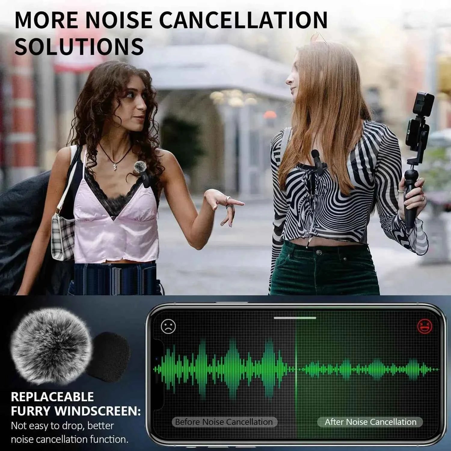 Two women using wireless mic mount outdoors with noise cancellation and replaceable furry windscreen