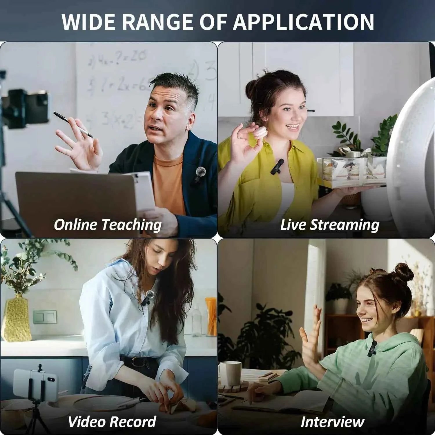 Wireless mic mount shown in use for online teaching live streaming video record and interview setups