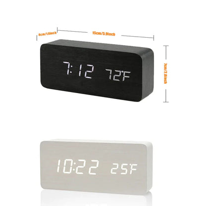 Black and white wooden digital alarm clock displaying time and temperature with compact rectangular design