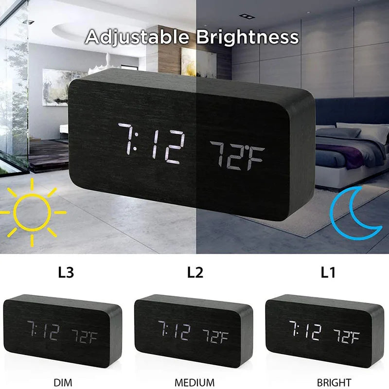 Wooden digital alarm clock with adjustable brightness showing time and temperature in modern bedroom