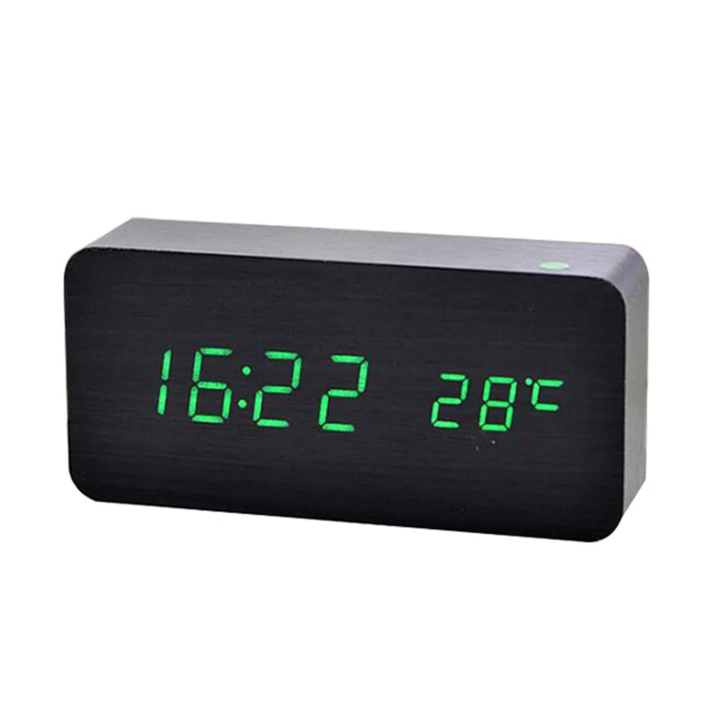 DFShop black wooden digital alarm clock with green LED time and temperature display