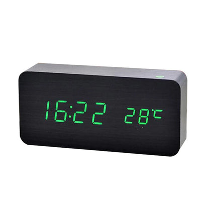 DFShop black wooden digital alarm clock with green LED time and temperature display