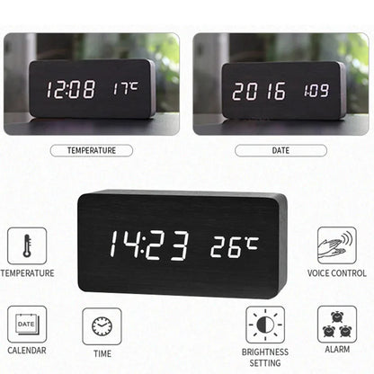 Black wooden digital alarm clock displaying time, temperature, date with voice control and brightness settings