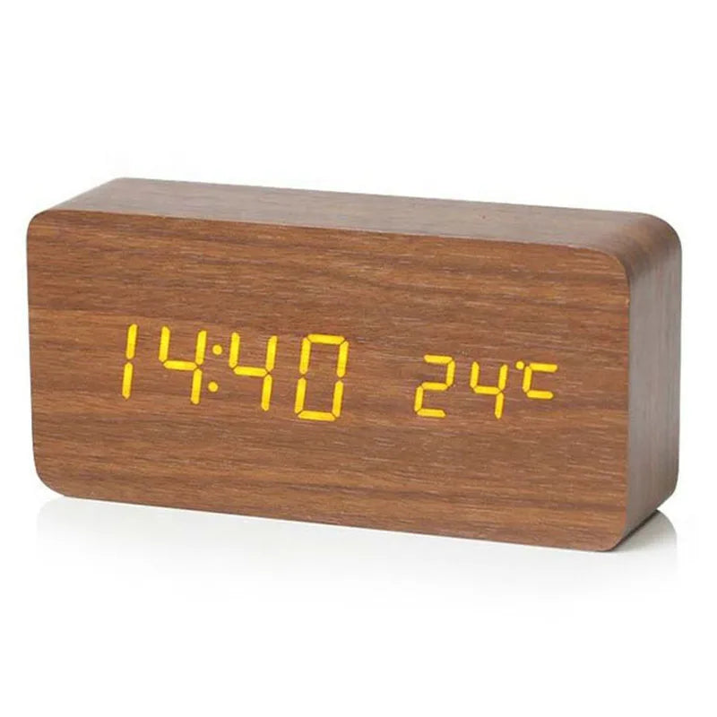 DFShop wooden digital alarm clock with yellow LED display showing time and temperature