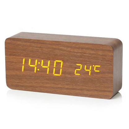 DFShop wooden digital alarm clock with yellow LED display showing time and temperature