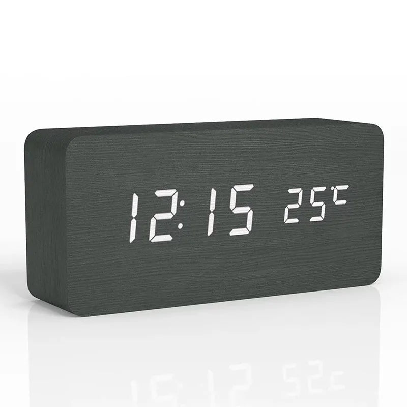 Black wooden digital alarm clock displaying time and temperature with sleek modern design