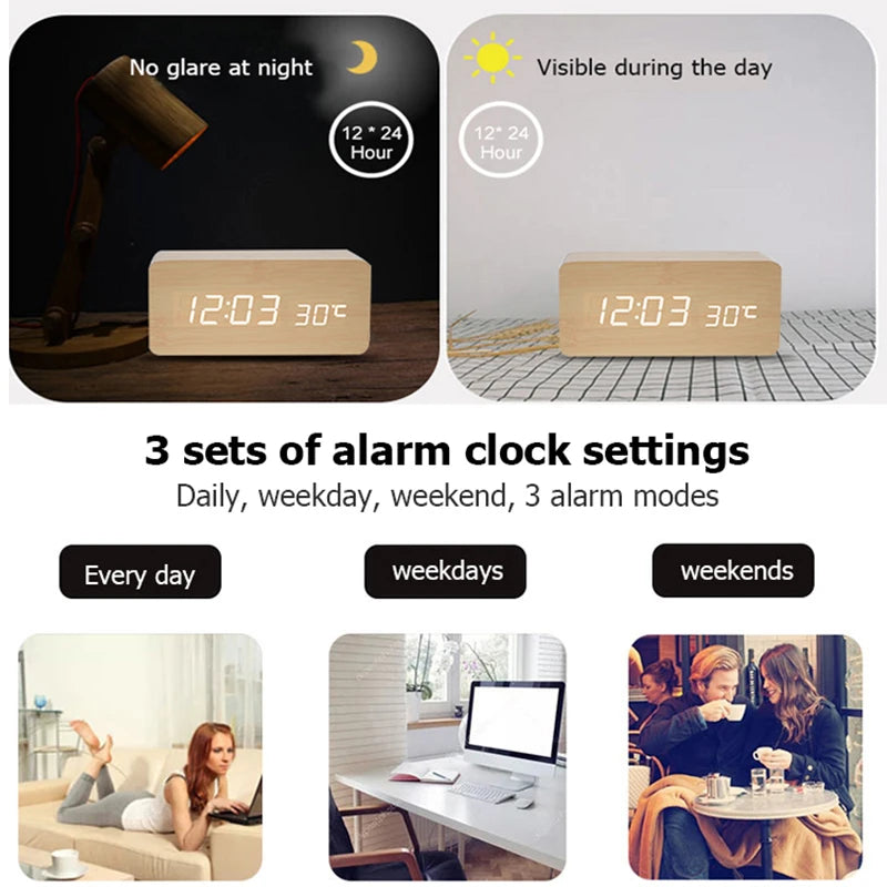 Wooden digital alarm clock showing time and temperature with clear display day and night
