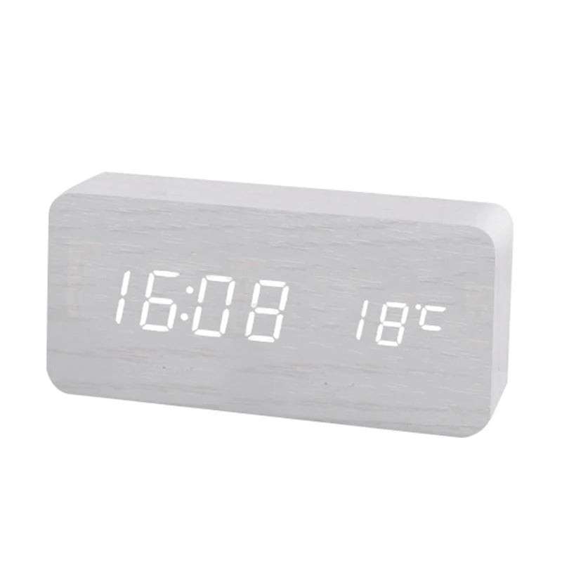 White wooden digital alarm clock showing time and temperature with modern LED display
