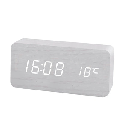 White wooden digital alarm clock showing time and temperature with modern LED display